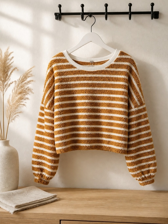 Free People Sweaters - Striped Cozy Plush Cropped Sweater - Mustard White